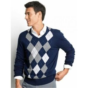 Old Navy Sweater Men XL Blue V Neck Argyle Preppy Golf Casual Pullover Old Money